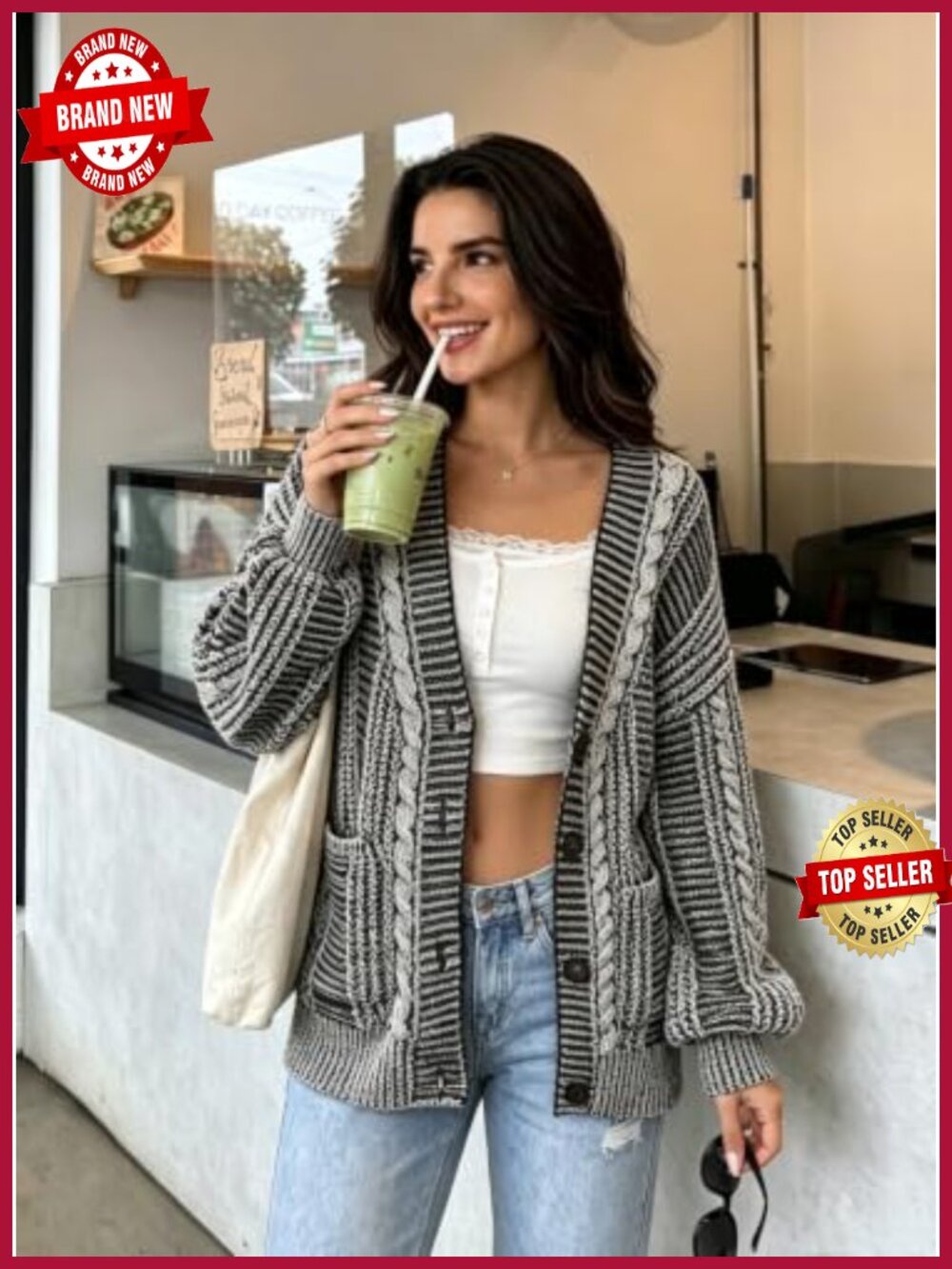 Oversized Cable Knit Open Front Cardigan with Pockets - Picture 4 of 6